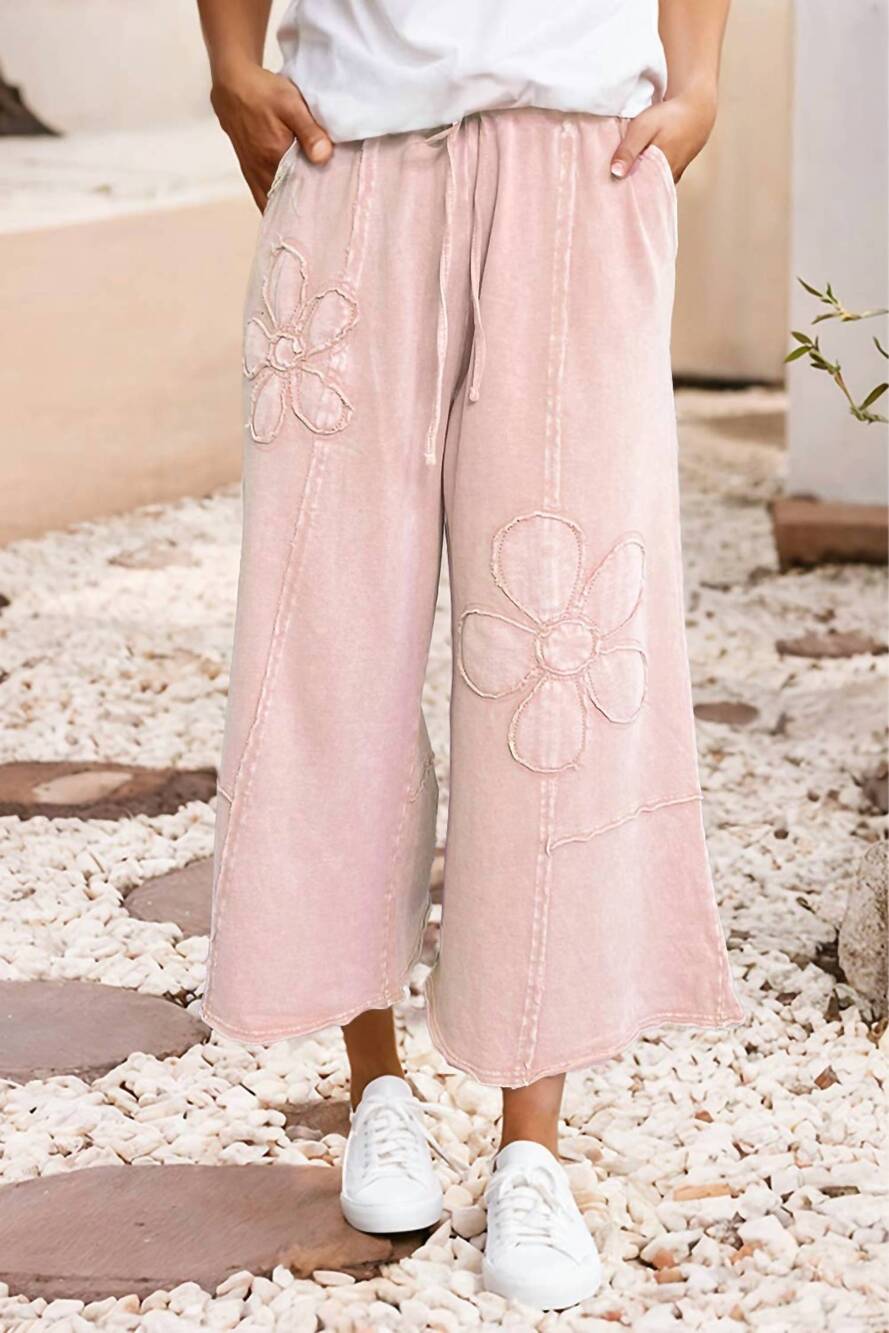 NEW LITTLE DAISY CLOSET floral patch mineral washed terry knit cropped pants in